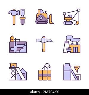 Mining industry related pixel perfect RGB color icons set Stock Vector