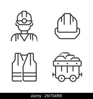 Coal miner protective equipment pixel perfect linear icons set Stock Vector