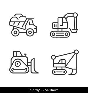 Mining vehicles pixel perfect linear icons set Stock Vector