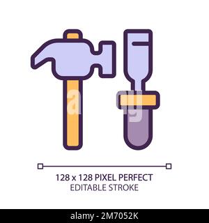 Hammer and chisel pixel perfect RGB color icon Stock Vector
