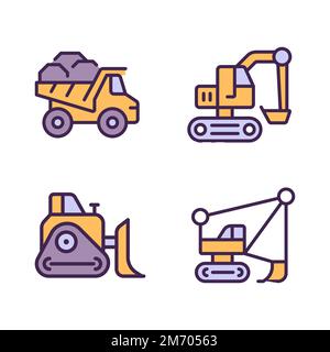 Mining vehicles pixel perfect RGB color icons set Stock Vector