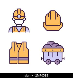 Coal miner protective equipment pixel perfect RGB color icons set Stock Vector