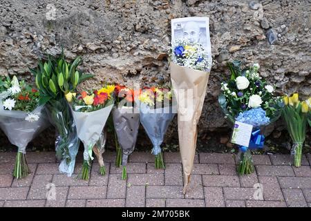 Flowers and tributes by pictures of Gianluca Vialli on the Chelsea's Wall of Fame at the club's Stamford Bridge ground, London, following the announcement of the death of the former Italy, Juventus and Chelsea striker who has died aged 58 following a lengthy battle with pancreatic cancer. Picture date: Friday January 6, 2023. Stock Photo
