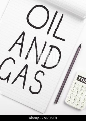 Conceptual display Oil And Gas. Word Written on Exploration Extraction Refining Marketing petroleum products Stock Photo