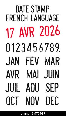 Vector illustration of editable dates stamps in French language (days, months, years) Stock Vector