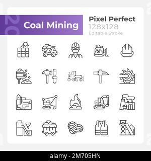 Coal mining pixel perfect linear icons set Stock Vector