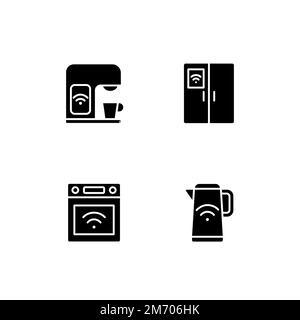 Smart kitchen appliances black glyph icons set on white space Stock Vector