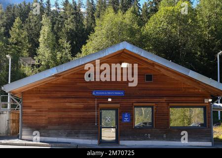 French customs house at the French-Italian border near the Mont Blanc Tunnel, Chamonix, Haute Savoie, France Stock Photo