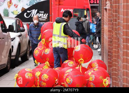 London, UK, 6th January 2023. Chinese lanterns are strung across Great Newport Street in Chinatown, in preparation for the Chinese New Year on Sunday 22nd January, a Year of the Rabbit, in London, UK. Credit:Monica Wells/Alamy Live News Stock Photo