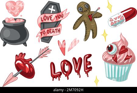 Set Creepy Valentine clipart, Spooky Valentine, Pastel Goth digital stickers, Alternative Valentine day vector EPS10 Stock Vector