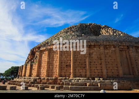 Aerial View to the Ruins of the Royal Mausoleum of Mauretania, funerary  Numidian monument in Tipaza Province, Algeria Stock Photo