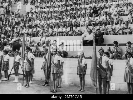 Old vintage black and white antique photo card postcard Military Parade Salute flags of USSR USA Britain soldiers store uniform hats caps