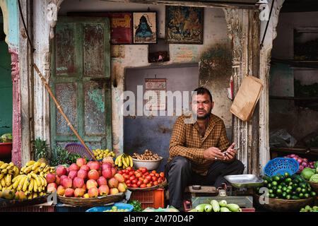 Pushkar, India - November 7, 2019: Vegetable fruit street shop vendor selling vegetables and fruits in the street of Pushkar, Rajasthan, India Stock Photo