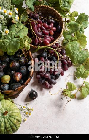 autumn composition, grapes, figs, pumpkin, top view, concept of Halloween, Thanksgiving Stock Photo