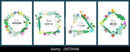 Banner templates with abstract drawing flowers geometric figure wreath set. Round, triangular, square and rhombus floral bouquet art card collection. Spring and summer blooms poster. Herbal eps plants Stock Vector