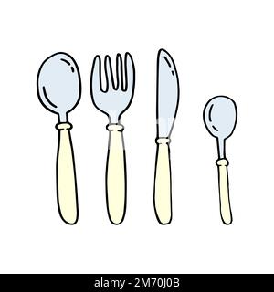 Cutlery in doodle style. Spoons, fork and knife isolated on a white background Stock Vector