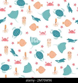 Vector seamless pattern with devilfish,crab,jellyfish,flounder,squid,penguin.Underwater cartoon creatures.Marine background.Cute ocean pattern for Stock Vector