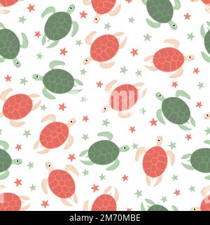 Vector seamless pattern with turtle.Underwater cartoon creatures.Marine background.Cute ocean pattern for fabric, childrens clothing,textiles,wrapping Stock Vector