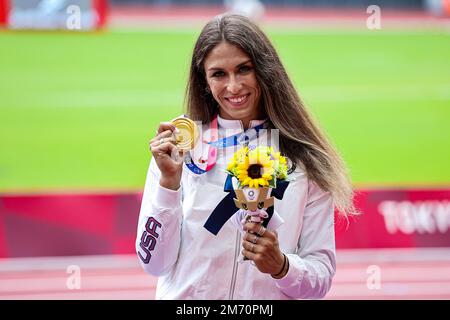 Valarie Allman (USA) Olympic Champipn wins the Women's discus at the 2020 (2021) Olympic Summer Games, Tokyo, Japan Stock Photo