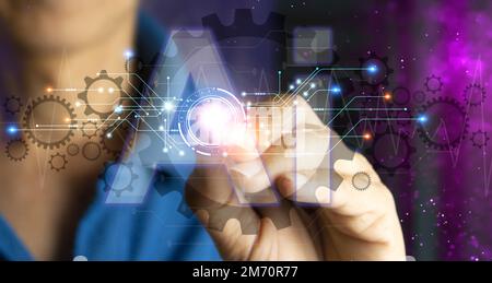 The concept of using artificial intelligence to control the system, the industry that uses artificial intelligence. Stock Photo