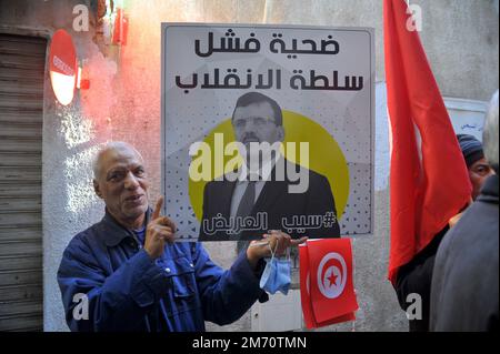 Ennahda supporters and human rights activists gathered in a demonstration in front of the Ministry of Justice to protest the imprisonment of Ennahda's deputy head, Ali Larayedh, in Tunis, Tunisia on January 06, 2023 (Photo by Yassine Mahjoub/Sipa USA) Credit: Sipa USA/Alamy Live News Stock Photo