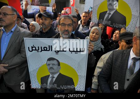 Ennahda supporters and human rights activists gathered in a demonstration in front of the Ministry of Justice to protest the imprisonment of Ennahda's deputy head, Ali Larayedh, in Tunis, Tunisia on January 06, 2023 (Photo by Yassine Mahjoub/Sipa USA) Credit: Sipa USA/Alamy Live News Stock Photo