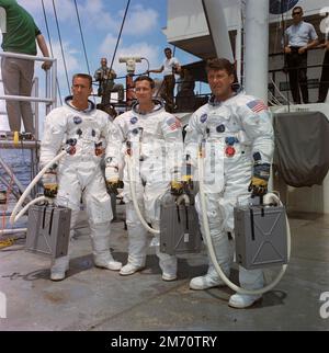 Houston, United States. 05th Aug, 1968. NASA prime crew of the first manned Apollo space mission from left to right; Walter Cunningham, Donn Eisele, and Walter Schirra Jr Walter Cunningham, on the deck of the NASA Motor Vessel Retriever ship before water egress training, August 05, 1968 in the Gulf of Mexico. Cunningham died January 4, 2023 at 90-years-old, the last surviving member of the NASA Apollo 7 mission. Credit: Planetpix/Alamy Live News Stock Photo