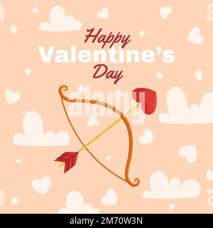 St. Valentines Day design with Bow and arrow with a heart-shaped arrowhead, clouds and heart around on beige back. Greeting card, square social media post template Stock Vector