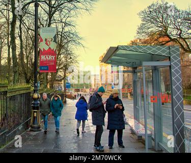 Glasgow, Scotland, UK 6th January, 2023. Poster for the on bus stop  university avenue  Mary Queen of Scots exhibition: the afterlife in the hunterian art galleries at the university of Glasgow. Credit Gerard Ferry/Alamy Live News Stock Photo