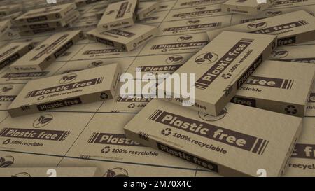 Plastic free and eco friendly box production line. Recyclable and ecology pack factory. Abstract concept 3d rendering illustration. Stock Photo