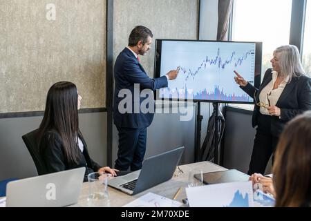 Senior business woman and man explaining company charts and statements, meeting room and brainstorming of finance worker Stock Photo