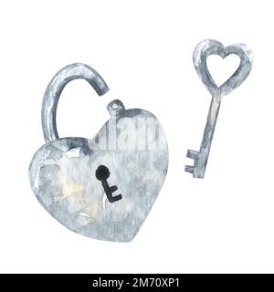 Hand drawn watercolor lock heart shaped and key. Watercolour illustration for Valentines day, card, print, logo, sticker. Stock Photo