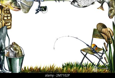 Fishing. Frame. Fishing gear. Watercolor illustration. For design solutions  for labels, postcards, banners and packaging and invitations Stock Photo -  Alamy