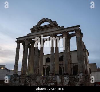 The Temple of Diana belonging to the Roman forum of Merida in Extremadura, Spain Stock Photo