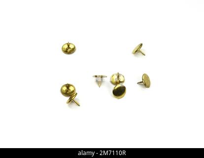 Group of metal thumb tacks isolated on a white background. thumbtacks or push pins Stock Photo