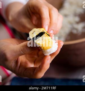 Japanese egg nigiri. Stock Photo