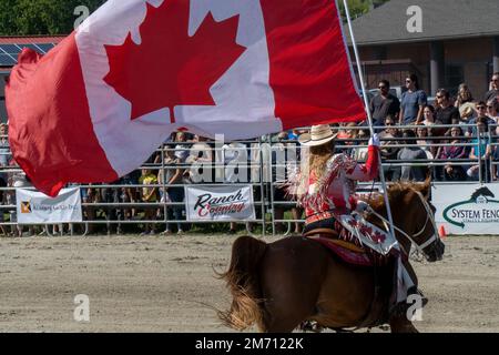 New Liskeard, Ontario, Canada - August 13, 2022 : A Canadian Cowgirl performing at The Ram Rodeo in New Liskeard, Ontario. Stock Photo