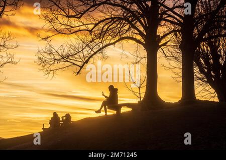 Wien, Vienna: meadow and viewpoint Bellevuewiese, leafless trees, fiery sunset, woman on bench, people as silhouette in 19. Döbling, Wien, Austria Stock Photo