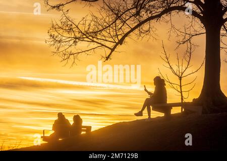 Wien, Vienna: meadow and viewpoint Bellevuewiese, leafless trees, fiery sunset, woman on bench, people as silhouette in 19. Döbling, Wien, Austria Stock Photo