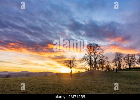 Wien, Vienna: meadow and viewpoint Bellevuewiese, leafless trees, fiery sunset, woman on bench, people as silhouette in 19. Döbling, Wien, Austria Stock Photo