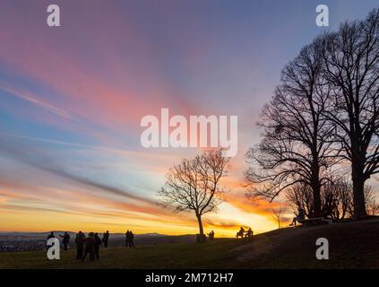 Wien, Vienna: meadow and viewpoint Bellevuewiese, leafless trees, fiery sunset, woman on bench, people as silhouette in 19. Döbling, Wien, Austria Stock Photo