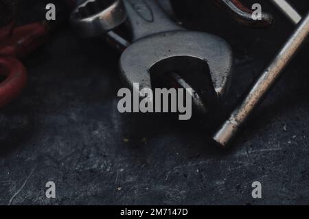 Top view of car mechanic tools on a table. Copy space. Stock Photo