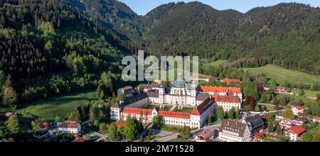 Aerial view, Benedictine Abbey Ettal and baroque church, municipality of Ettal, Upper Bavaria, Bavaria, Germany Stock Photo