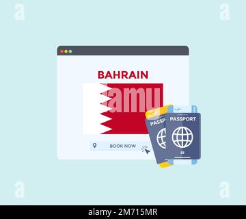 Online booking service on web browser site, trip, travel planning country Bahrain national flag logo design. Online reservation of plane tickets. Stock Vector