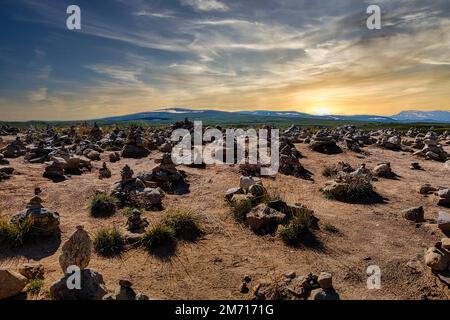 Cairns at the Arctic Circle Centre, Sunset, Saltfjellet-Svartisen National Park, Rana, Nordland, Norway Stock Photo