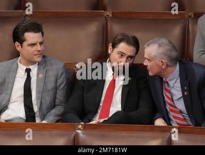 Washington, United States. 06th Jan, 2023. Rep. Matt Gaetz, R-FL, (L), sits with Rep. Eli Crane, R-AZ, (C) and Rep. Matt Rosendale as voting continues for Speaker of the House at the U.S. Capitol in Washington, DC on Friday, January 6, 2023. Gaetz, Crane and Rosendale are part of a group of congressmen blocking the election of Rep. Kevin McCarthy, R-CA, to be Speaker of the House. Photo by Pat Benic/UPI Credit: UPI/Alamy Live News Stock Photo