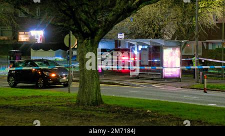 Glasgow, Scotland, UK 6th January, 2023.  Great western road was closed in easterly direction at blairdardie school bus stop as the busy bus route saw a traffic incident involving a car and pedestrian a large area was taped off for forensics.. Credit Gerard Ferry/Alamy Live News Stock Photo