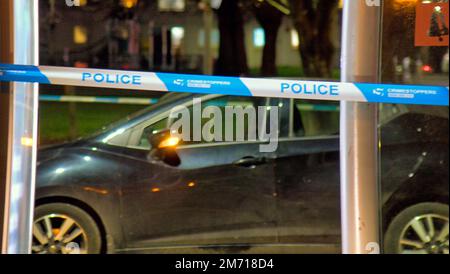 Glasgow, Scotland, UK 6th January, 2023.  Great western road was closed in easterly direction at blairdardie school bus stop as the busy bus route saw a traffic incident involving a car and pedestrian a large area was taped off for forensics.. Credit Gerard Ferry/Alamy Live News Stock Photo