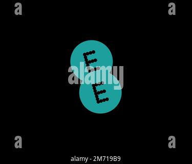 EE Limited, rotated logo, black background Stock Photo