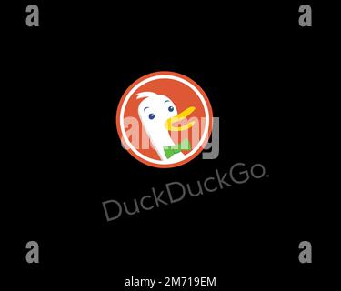 DuckDuckGo, rotated logo, black background Stock Photo